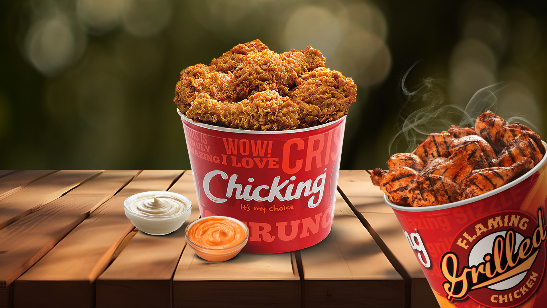 Fried and grilled chicken buckets at ChicKing